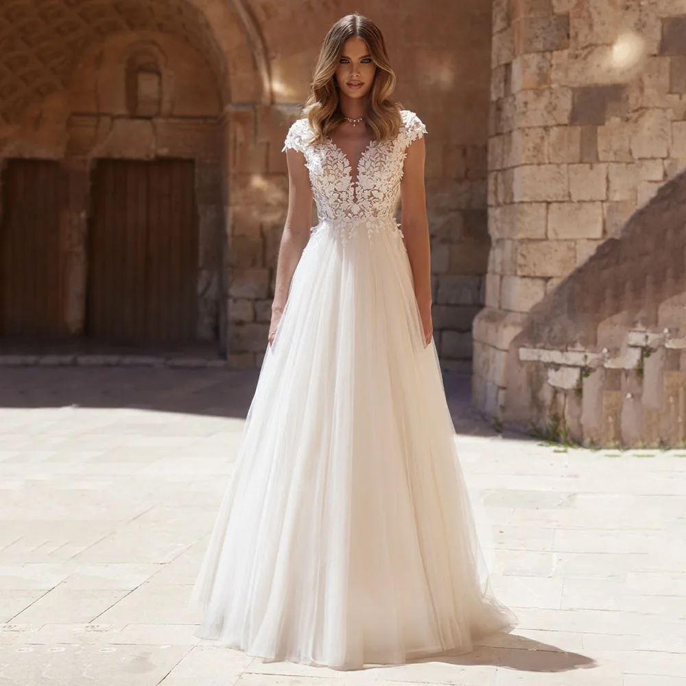 

Customized A Line Wedding Dresses 2025 Lace Appliques Cap Sleeve Tulle Bridal Gown V Neck Backless Elegant Wedding Dress