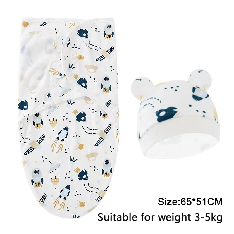 Baby Blanket Hat Set Cartoon Printed Cotton Newborn Swaddle Adjustable Infant Sleeping Swaddle Wraps All Seasons 0-6 Months