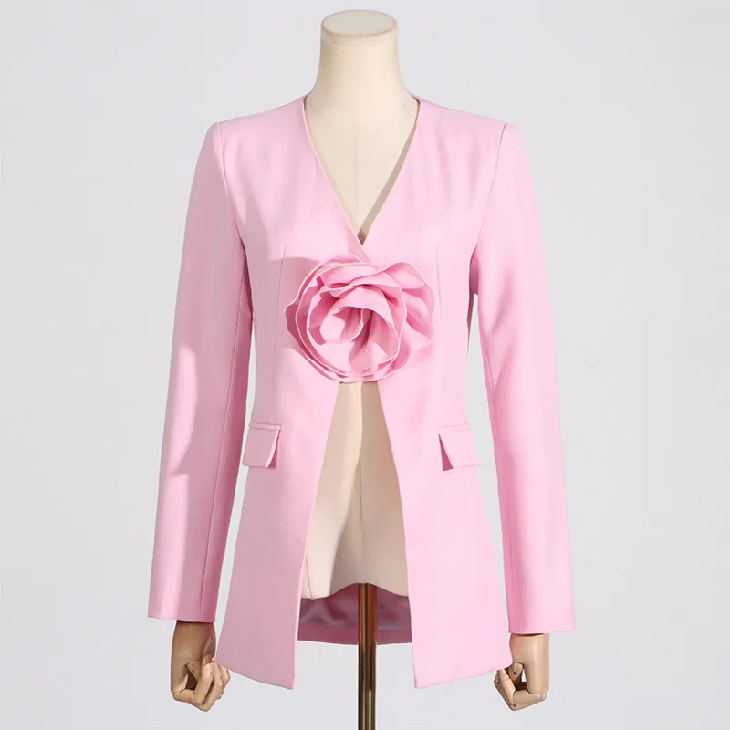 Pink Women Suits 1 Piece Blazer 3D Flower Female Formal Office Lady Business Work Wear Wedding Sexy V Neck Coat Prom Jacket