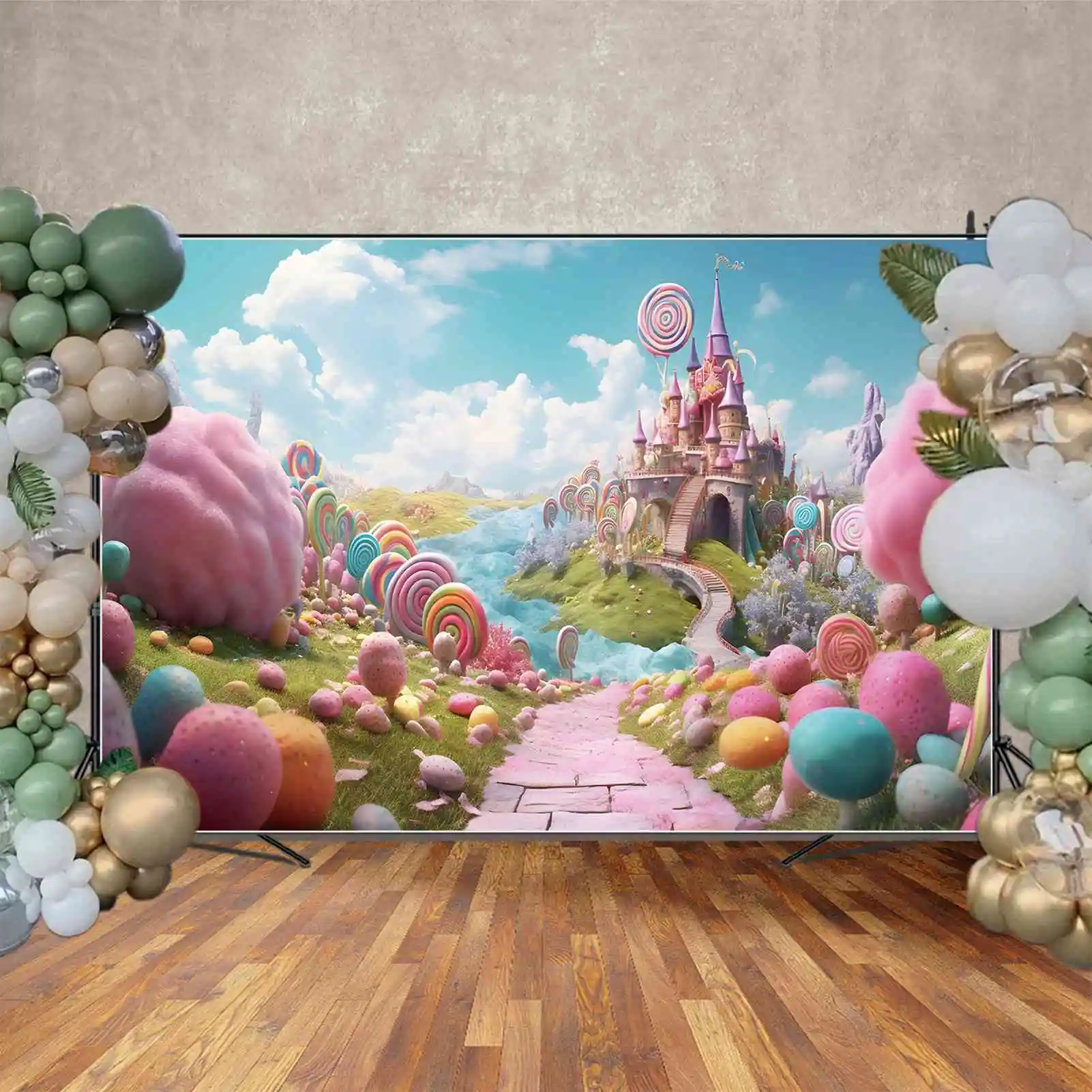 Moon.qg-子供のための誕生日の背景,川の城,キャンディーランド,誕生日の背景,緑の草,ロリポップフォトブース