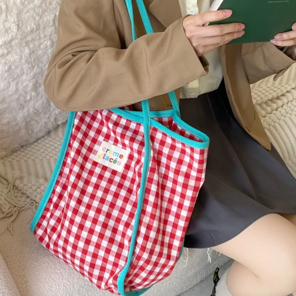 Women Canvas Shoulder Bag Red Plaid Books Daily Shopping Bags Students Bookbags Cotton Cloth Handbags Large Tote For Girls