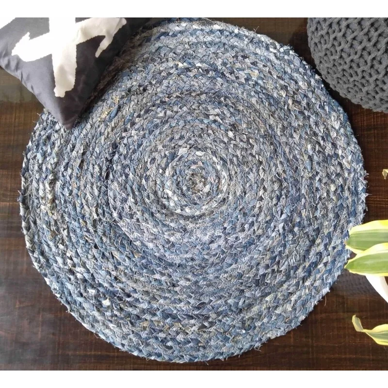 Denim Rug Round Reversible Handmade Area Carpet Rustic Modern Living Room Rug