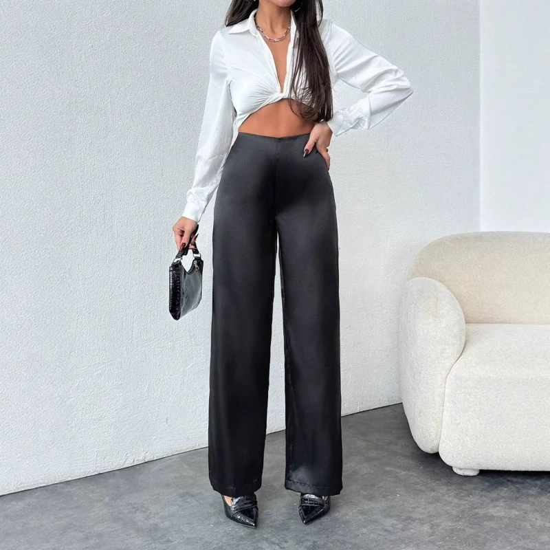 2026 Spring New Hot Selling Satin Design High End Loose Middle Waist Solid Color Wide Leg Pants