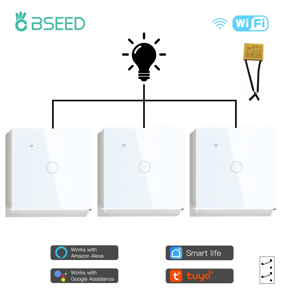 BSEED Wifi 1/2Gang Touch Smart Switches 3way Stair Touch Switches Tuya Smart Life App Control With Capacitor Glass Panel 3Pack