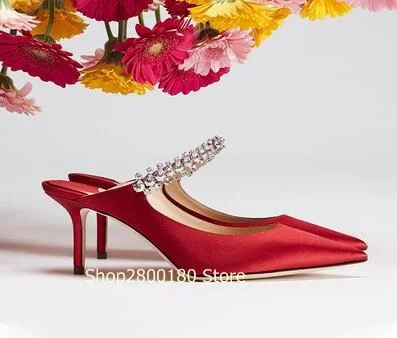 Black White Red Patent Leather Pointed Toe Crystal Strap Slip On Slippers Women Fashion Shallow 6 8 10 CM Thin Heels Mules Shoes