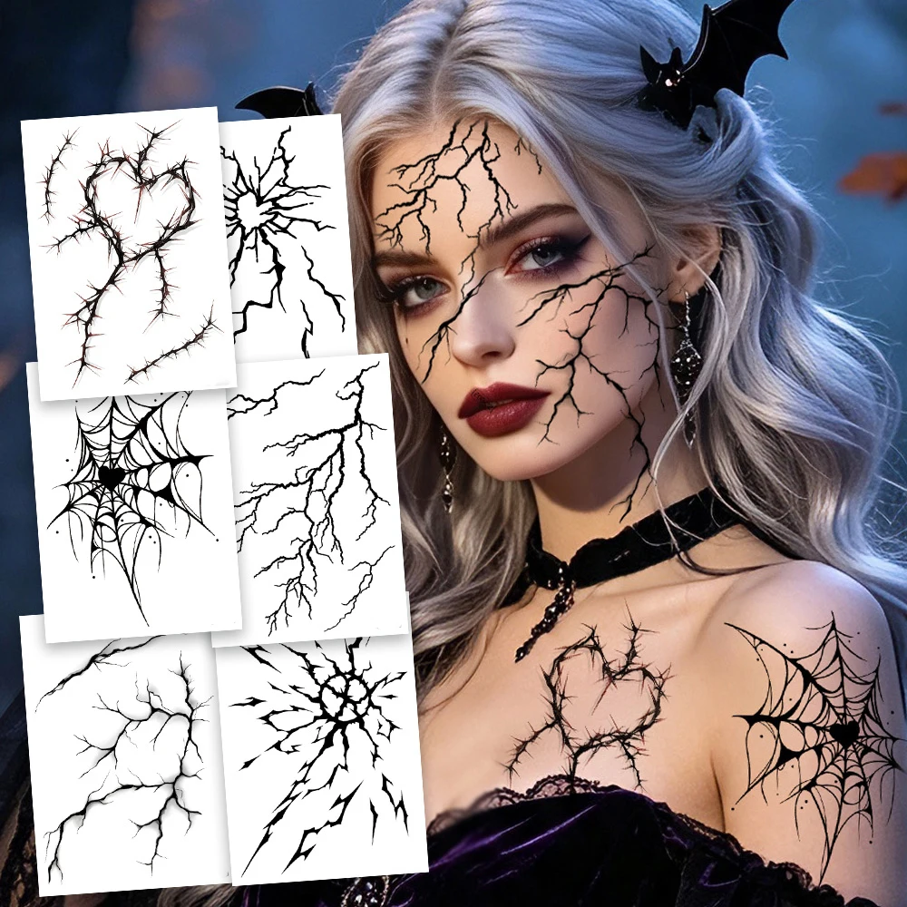 6 Sheets Halloween Black Vessel Lightning Crack Temporary Tattoos, Decor for Masquerade Prank Cosplay Nightclub & Music Festival