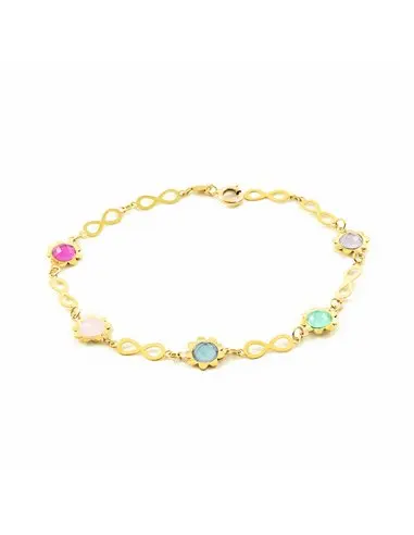 Infinite yellow gold bracelet with flowers and colored stones (9kts)