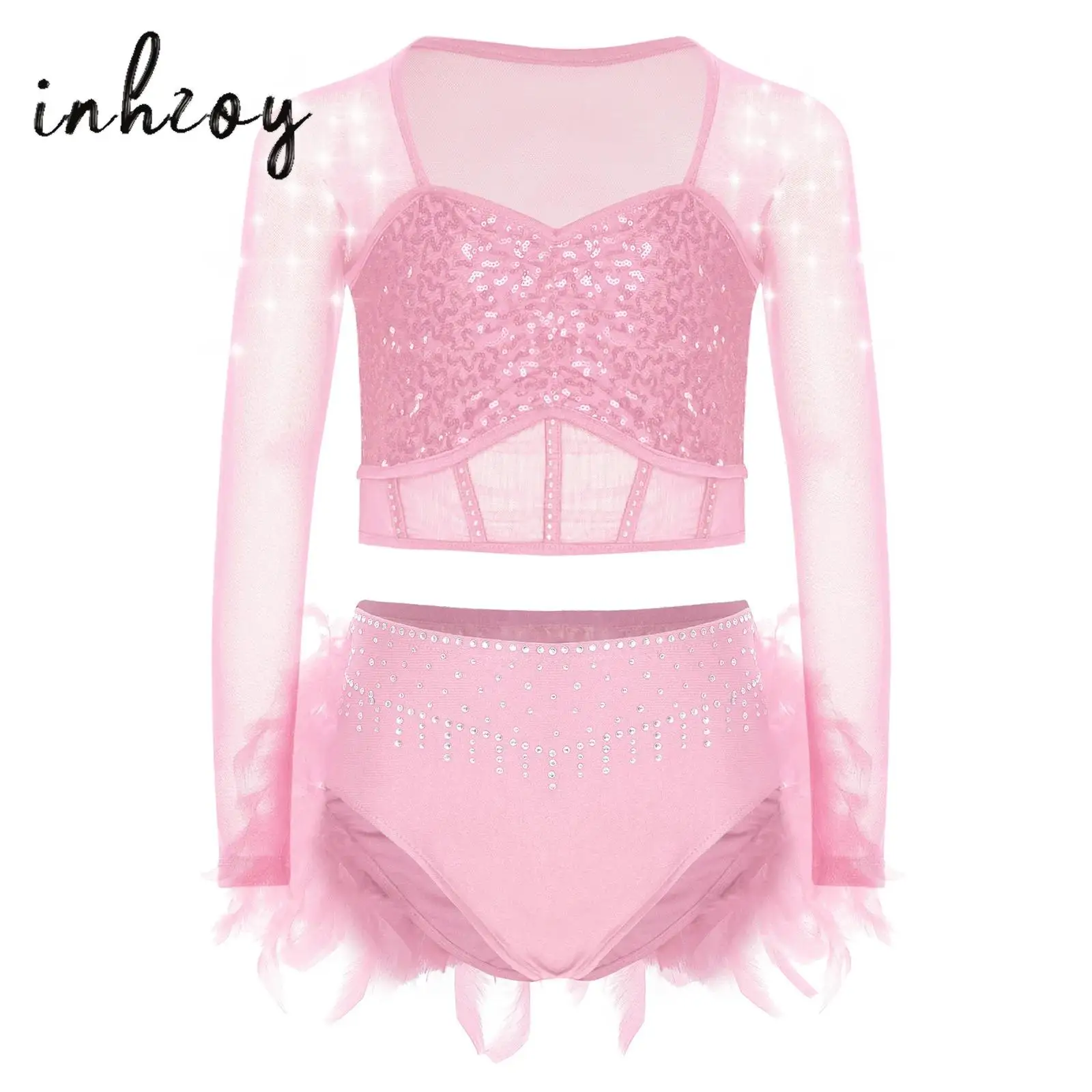 

Kids Girls Figure Skating Gymnastics Dance Outfit Shiny Sequins Sweetheart Neck Long Sleeve Crop Top+Feather Briefs Skirt 2Pcs