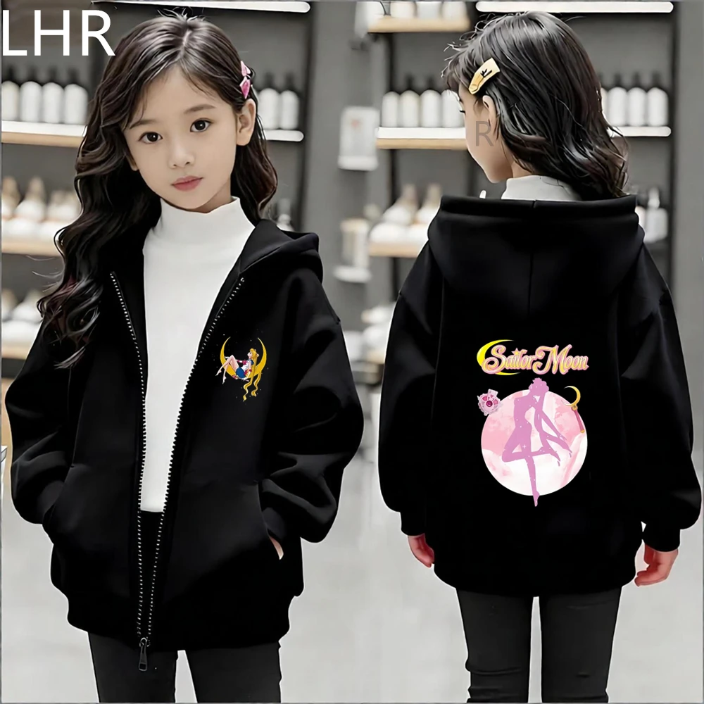 Autumn Sailor Moon Zipper Style Girl Purple Pink Tops Children Hoodie Zip Up Boy Black Gray Coat Hoodies Kid 3-12 Year