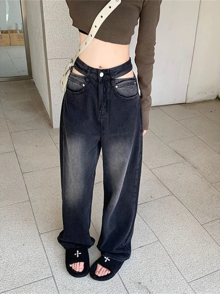 

Jeans Women Vintage Hollow Out High Street Straight Retro Denim Casual Chic Spring Autumn All-match Full Length Hotsweet Bottoms