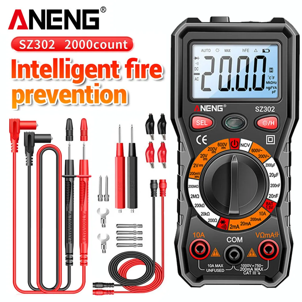 

ANENG SZ302 Digital Multimeter AC/DC Votage Current Automatic Tester NCV Detector Resistance Ohm Ammeter Capacitance Meter