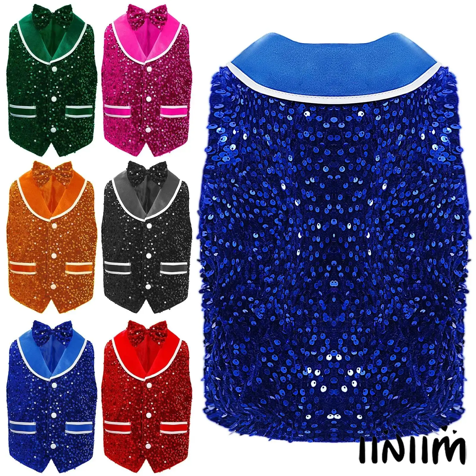 

Kids Boys Girls Sparkling Velvet Waistcoat with Bowtie Elegant Sequined Vest for Christmas Party Jazz Dance Performances