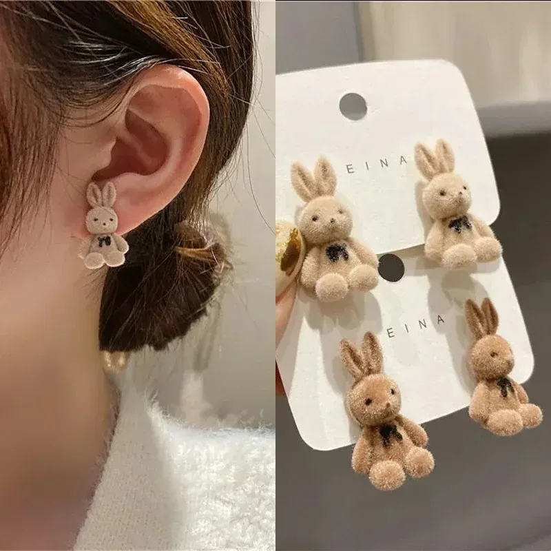 Fashion Korea Silver Needle Autumn and Winter Earrings Cute Flocking Rabbit Ear Studs Jewelry Bear Earrings for Women Girls