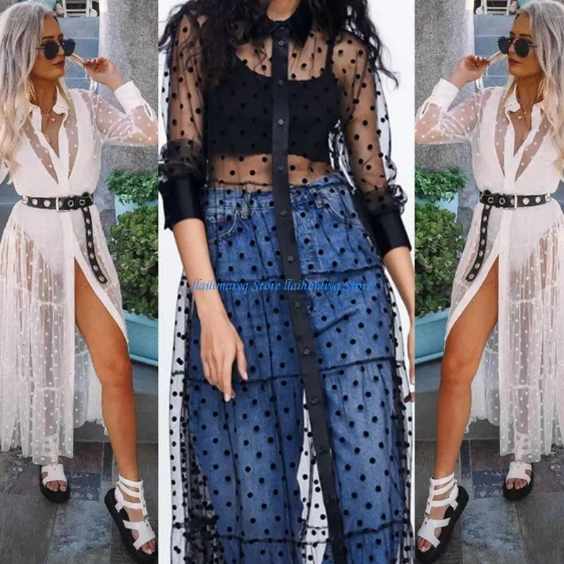 

573B Womens Summer Polka Dot Transparent Sheer Mesh Maxi Long Dress Lapel Collar Button Down Flared Lace Beach Cover Ups
