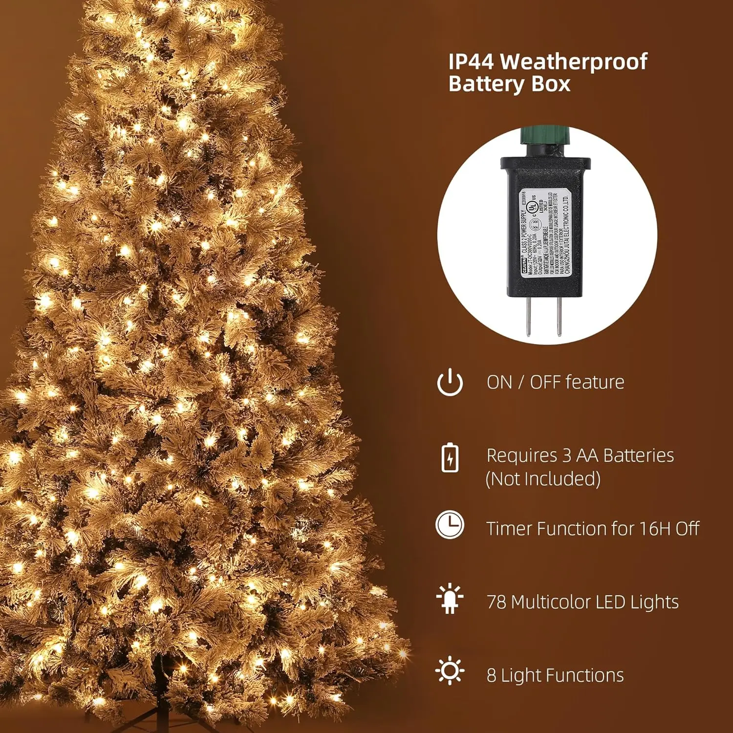 Árvore de Natal artificial flocada de neve pré-iluminada de 7,5 pés com 300 luzes LED multicoloridas Base de metal dobrável 8 modos de iluminação para casa