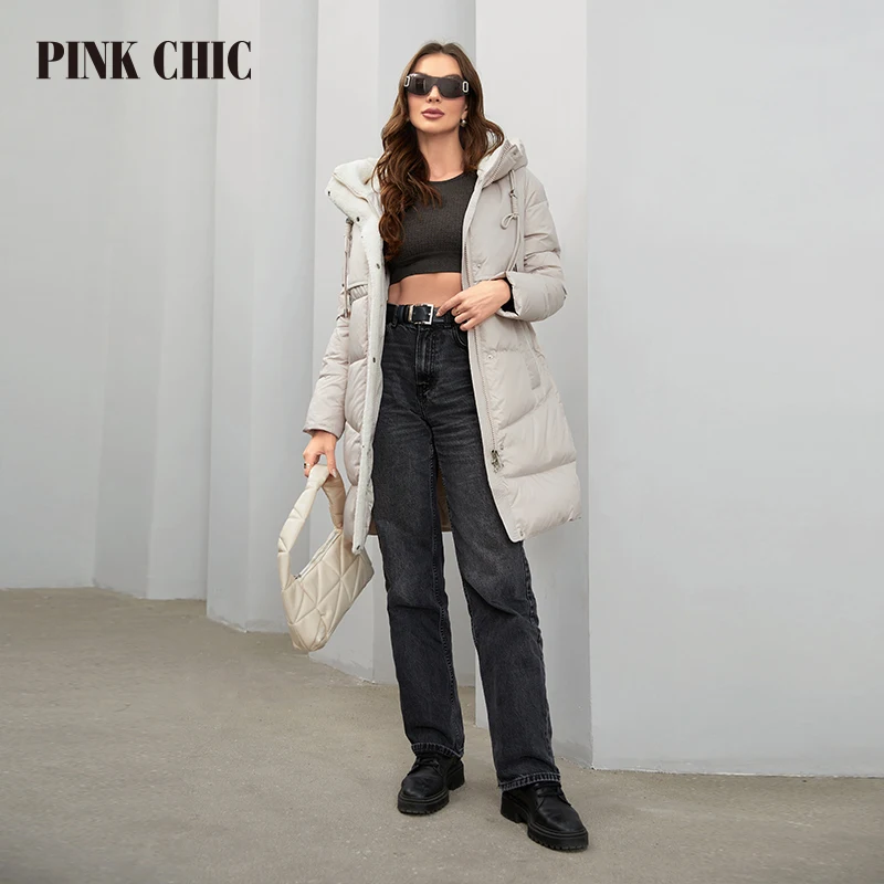 PINK CHIC 2023 New Winter Coat Women\'s Down Jacket High Quality Fur Collar Thermal Hooded Fashion Long Parka Women\'s W6515