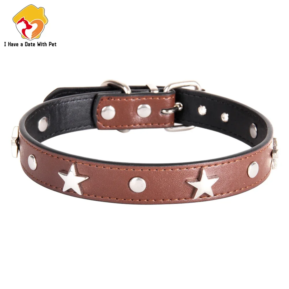 

Personalized Dog Collar PU Leather stainless steel Pentagram Style for Small Medium Dog Cat Necklace Strap animals Pet Supplies