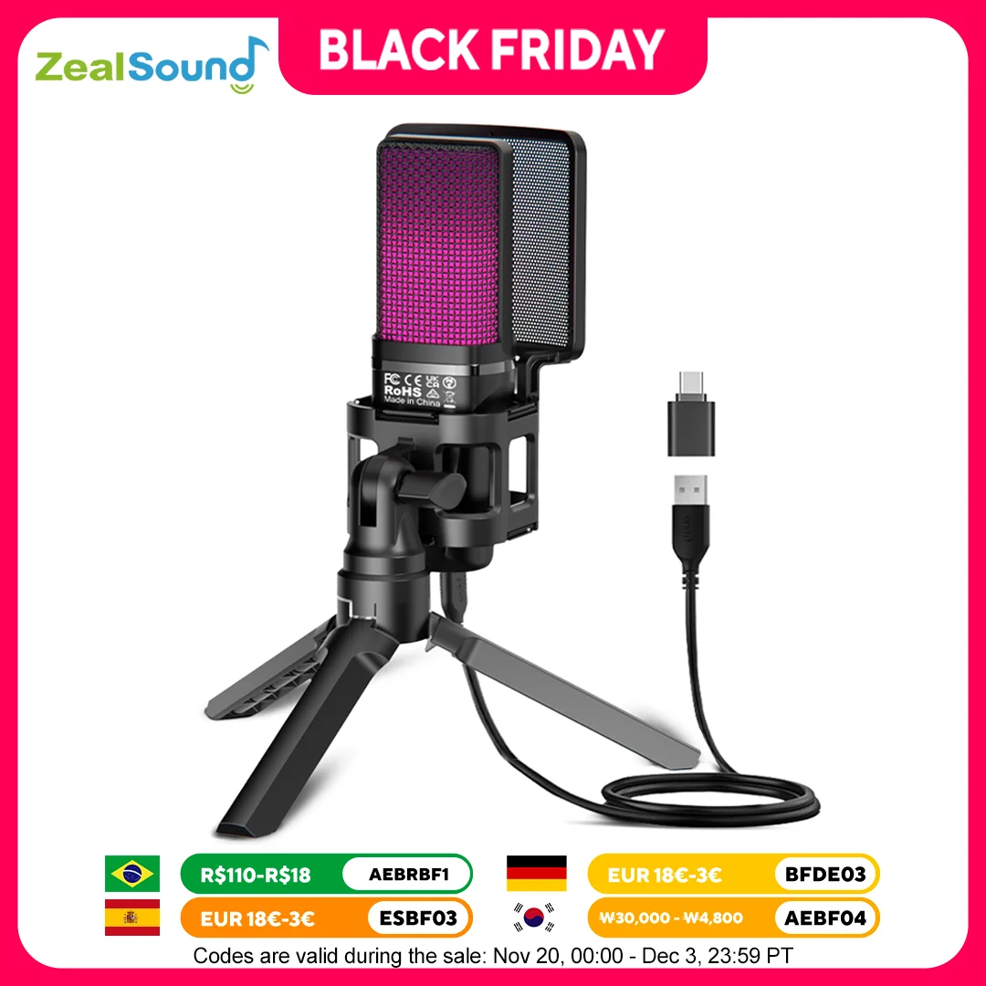 

Игровой конденсаторный микрофон Zealsound RGB USB для ПК PS4 PS5 Mac с поп-фильтром и выходом для наушников, микрофон для ноутбука/компьютера