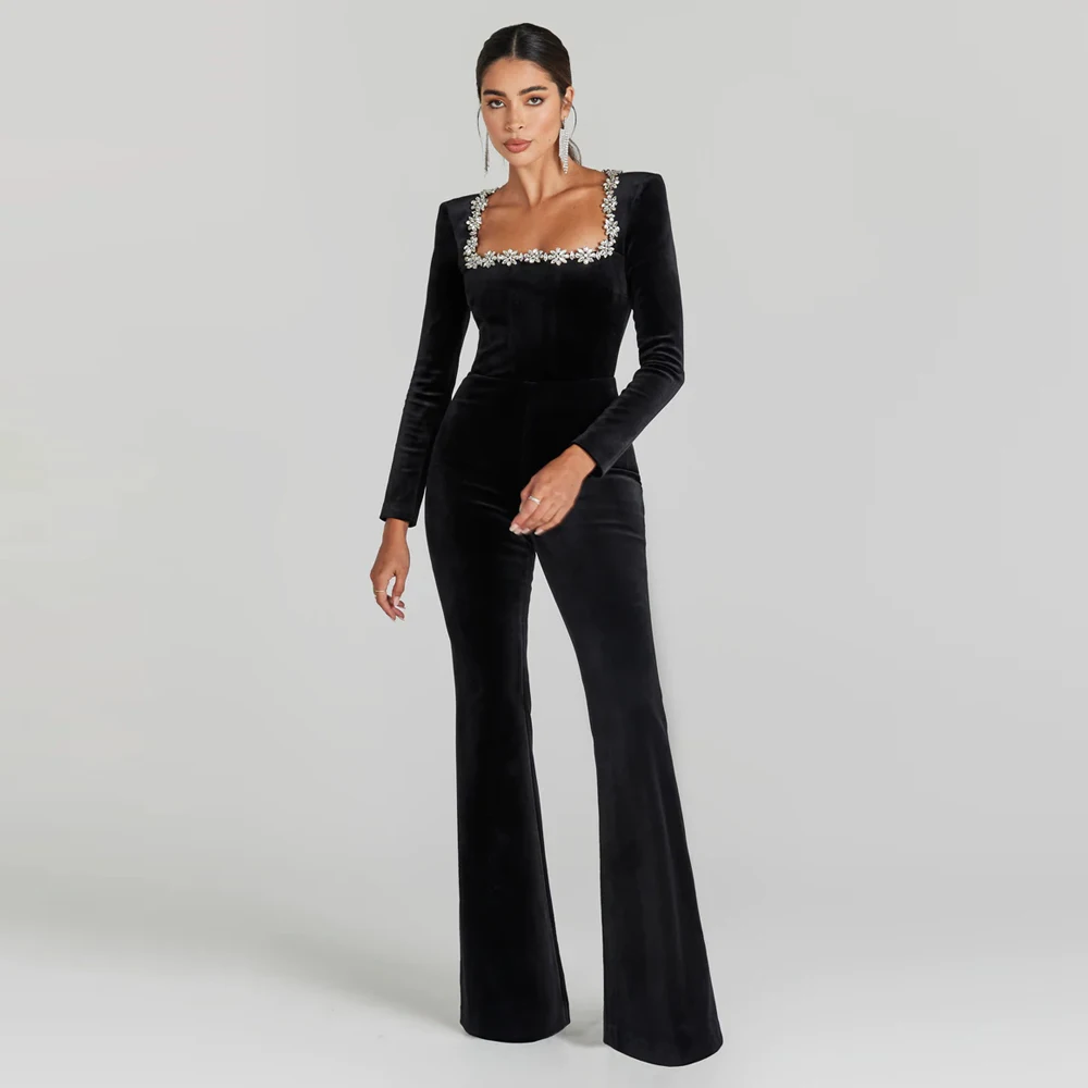 GORAFASHION Shiny Rhinestones Square neck Pants Jumpsuits Slim Fit Sexy Elegant Long Sleeve jumpsuits Evening Party Prom Dress