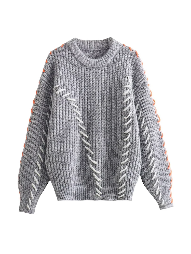 

Stripe Patchwork O-Neck Knitted Sweaters Women Loose Long Sleeve Knitting Sweater Female 2023 Warm Winter Ladies Casual Pullover