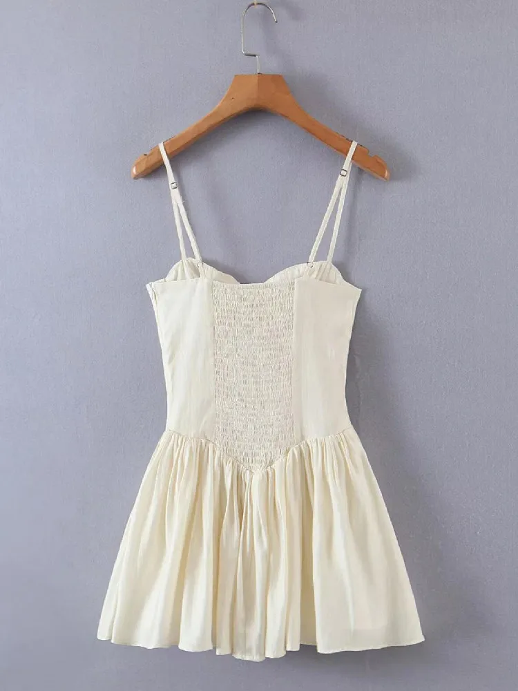 2022 Sexy Beige Ruched Bra Corset style Spaghetti Strap Mini Dress Women  Backless Party Skater Short Dresses Sling Robe Vestido