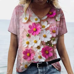 2024 Women T shirt Summer 3D Floral T-Shirt Plus Size Women's Clothing Oversized Designer Short Sleeve Shirt Women V Neck Blouse