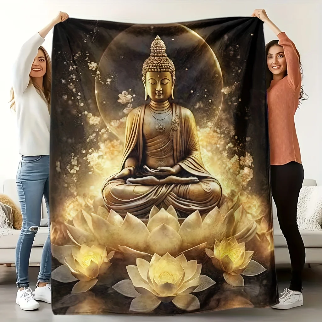 Custom Buddha Blanket Golden Buddha Statue Lotus Flower Meditation Design Personalized Name Fleece Throw All Season Soft Warm