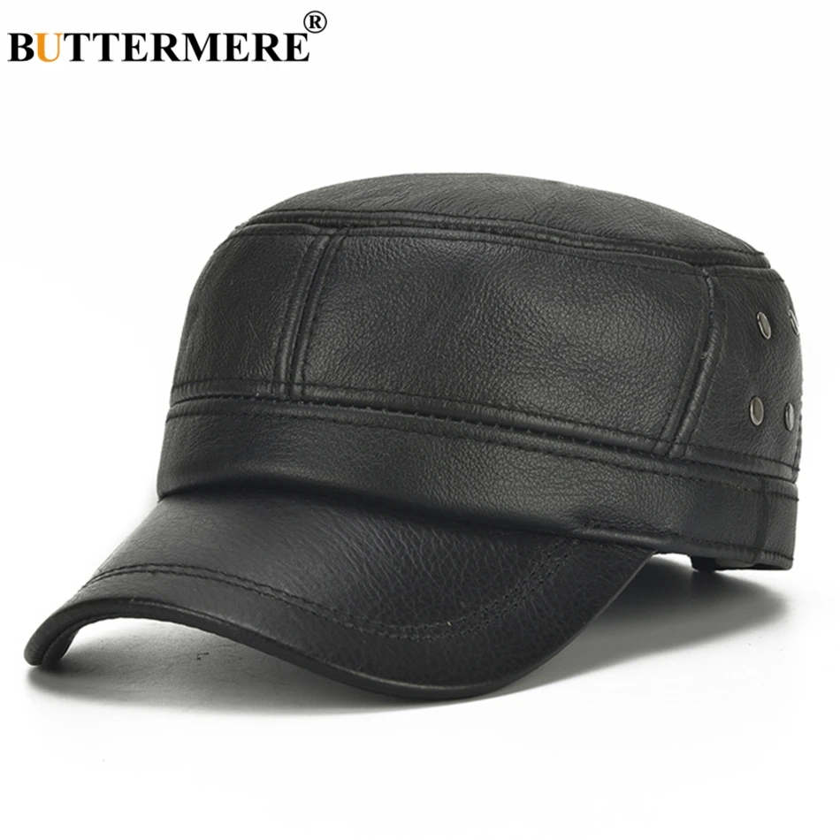 BUTTERMERE Men Cap Military Leather Brown Navy Captain Hat Real Cowskin Leather Adjustable Army Caps Male Winter Fiddler Hats