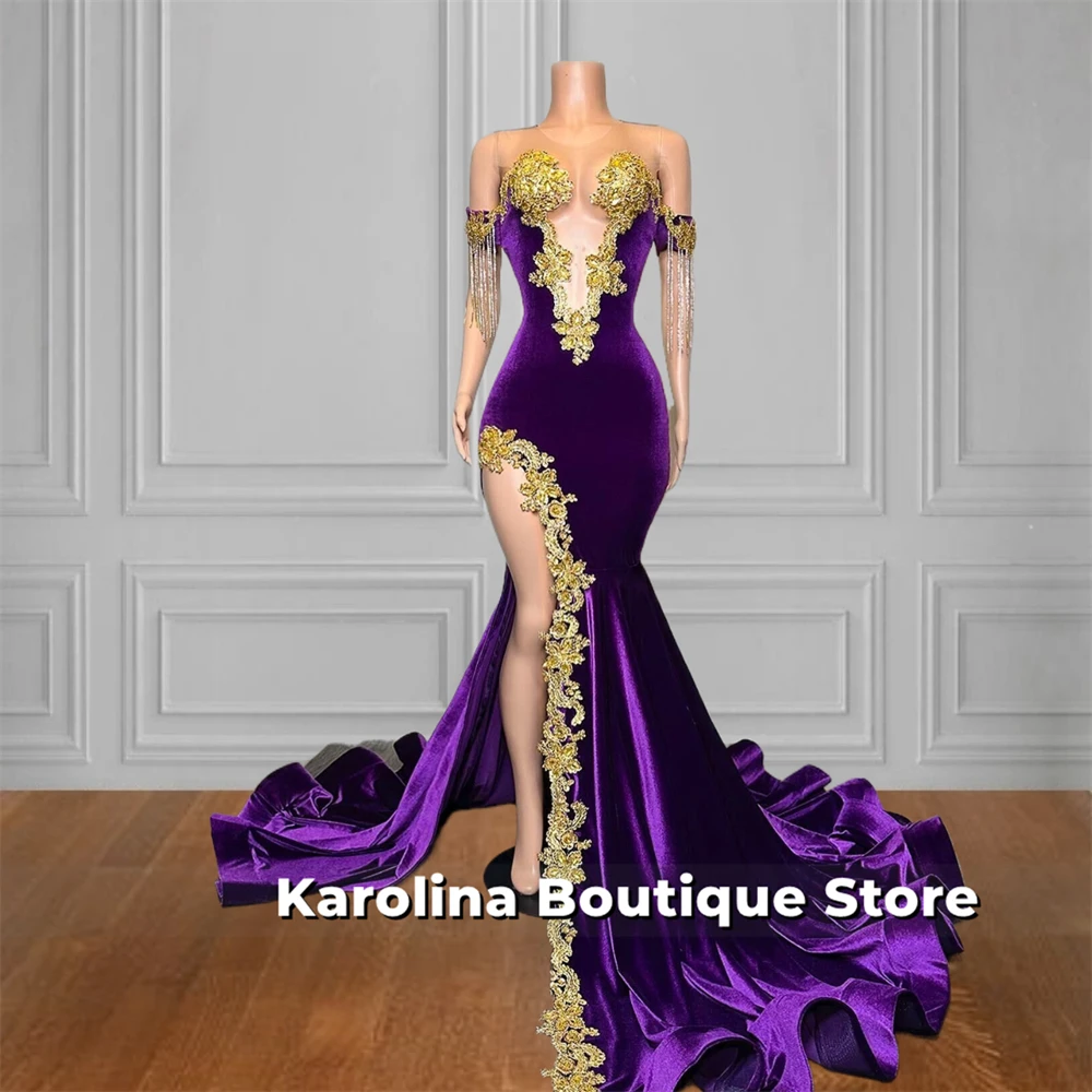 Purple Velvet O Neck High Split Tassels Long Prom Dresses Beaded Gold Appliques 2024 Birthday Luxury Dress Mermaid Customized