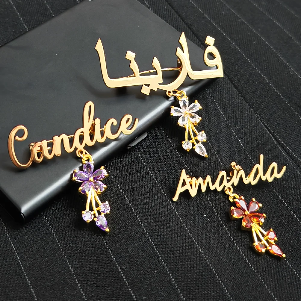 

Customized personalized stainless steel name brooch with diamond inlaid flower brooch as a gift for women's mothers