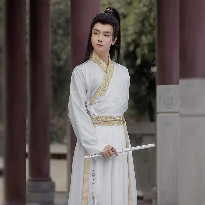 남자 웨이 진 Hanfu 세트 전통 Chiense 고대 크로스 칼라 자수 탑 스커트 빈티지 로얄 나이트 코스프레 의류