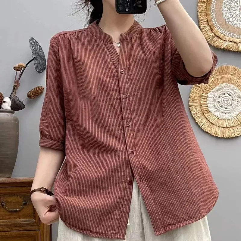 

Женская двухслойная полосатая блузка с V-образным вырезом и рукавами 3/4, свободная повседневная хлопковая рубашка на лето