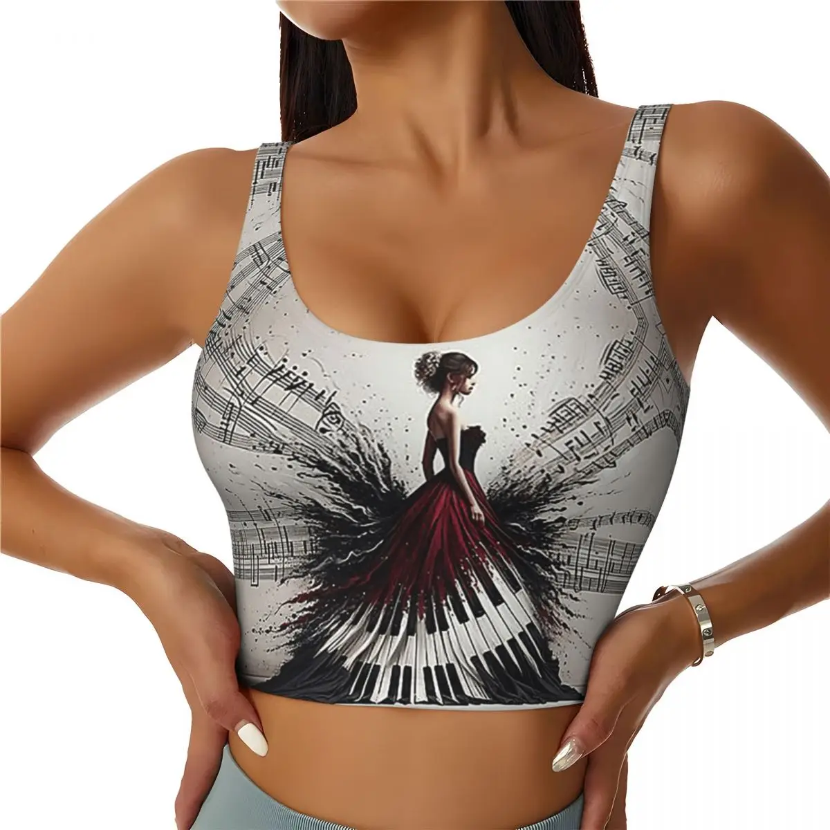 

Custom Beautiful Lady Piano Musical Notes, Wavy Dress Women Sports Bras High Impact Vest Gym Workout Yoga Crop Tank Tops