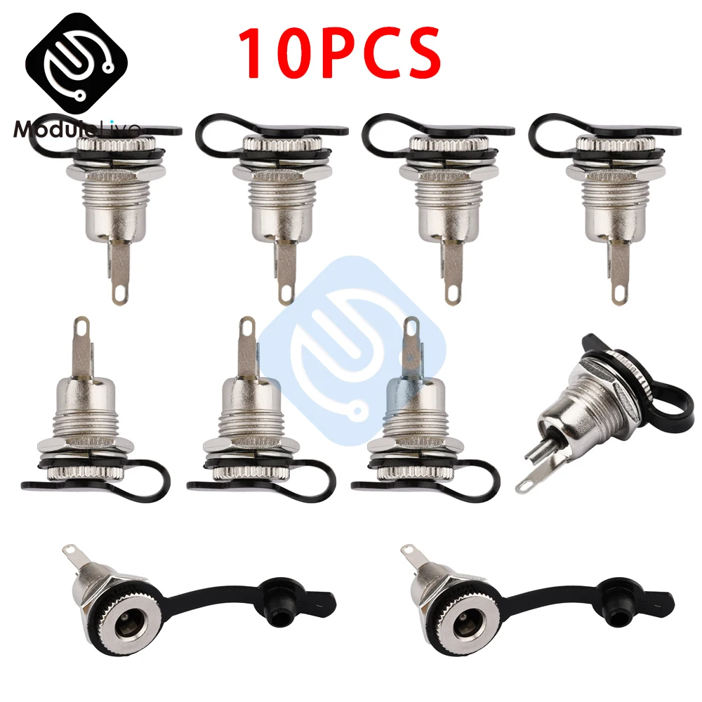 

10pcs Dc Power Outlet Socket Connector With Waterproof Cover Threaded Female Panel Mounting Adapter Power Socket 5.5 X 2.1 MM