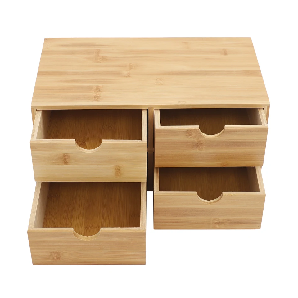 Organizador de escritorio de bambú ecológico, caja de almacenamiento de 4 niveles con acabado suave, unidad de cajones que ahorra espacio para papelería, cosméticos, documentos 5