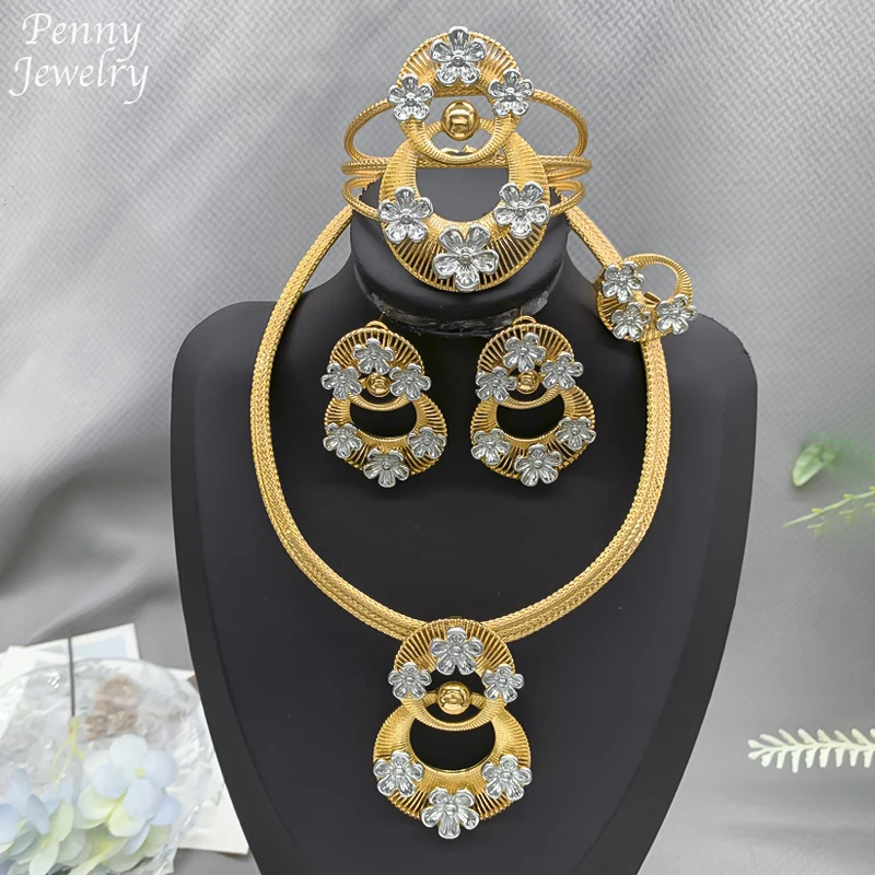 High Quanlity 18K Gold Plated Jewelry Set Vintage Choker Necklace Drop Earrings Bracelet Ring African Bridal Wedding Party Gifts