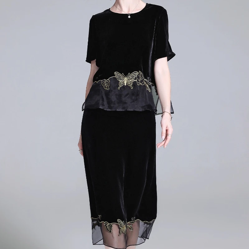 YOLANFAIRY Silk velvet suit dress for women autumn Fashion commuting embroidery lady round neck t-shirt Silk suit set skirt 2025
