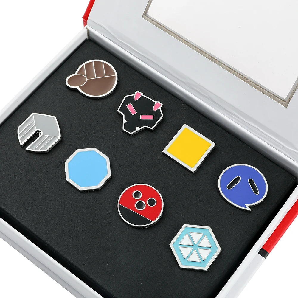 8Pcs/Box Pokemon Gym Badges Sinnoh Unova Kalos Kanto Johto Hoenn League Region Orange Islands Pins Brooches Pocket Monster