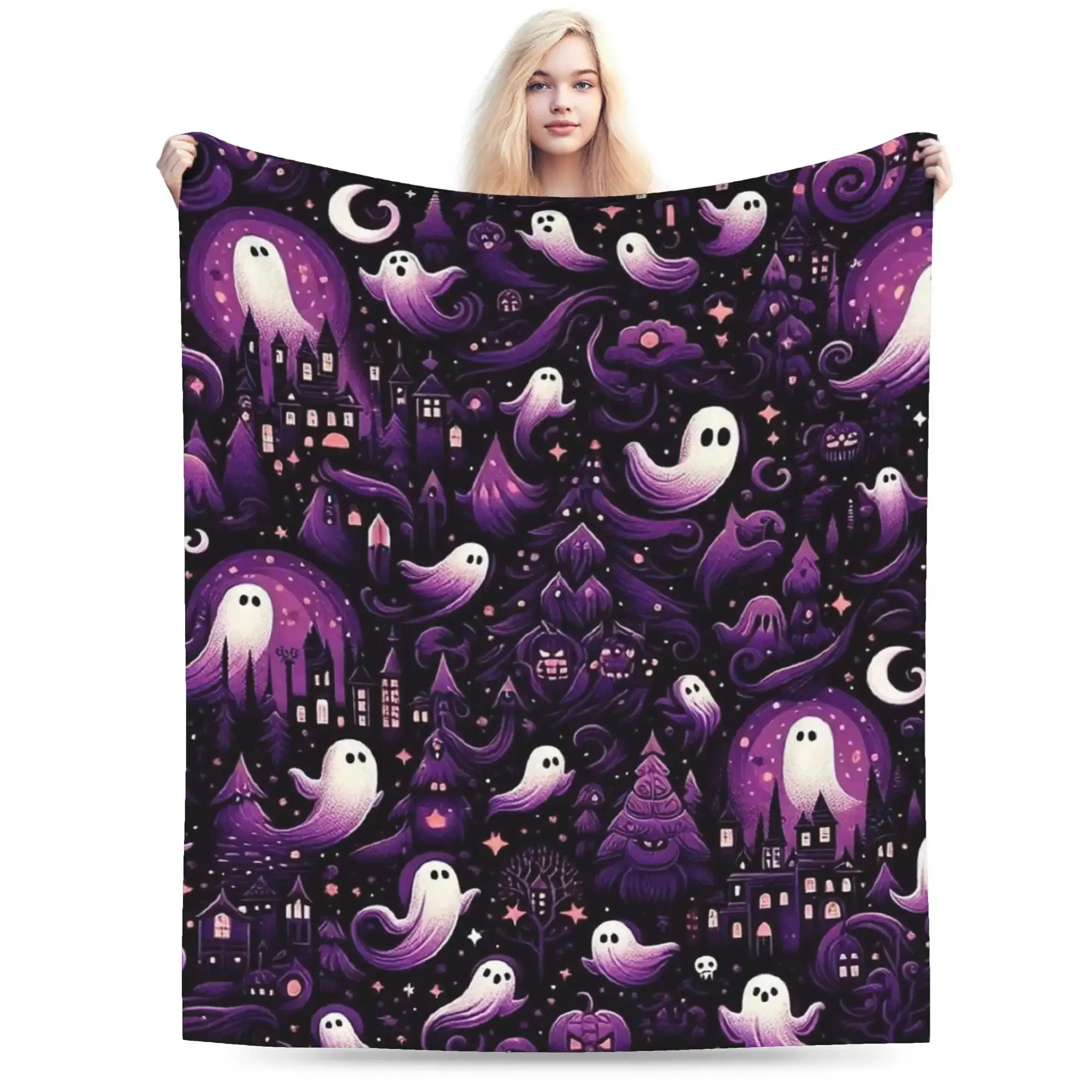 

Теплое фланелевое одеяло-плед для девочек и мальчиков, с фиолетовым дизайном в стиле Хэллоуин с призраками, для путешествий на самолете, для дивана, кровати, кресла