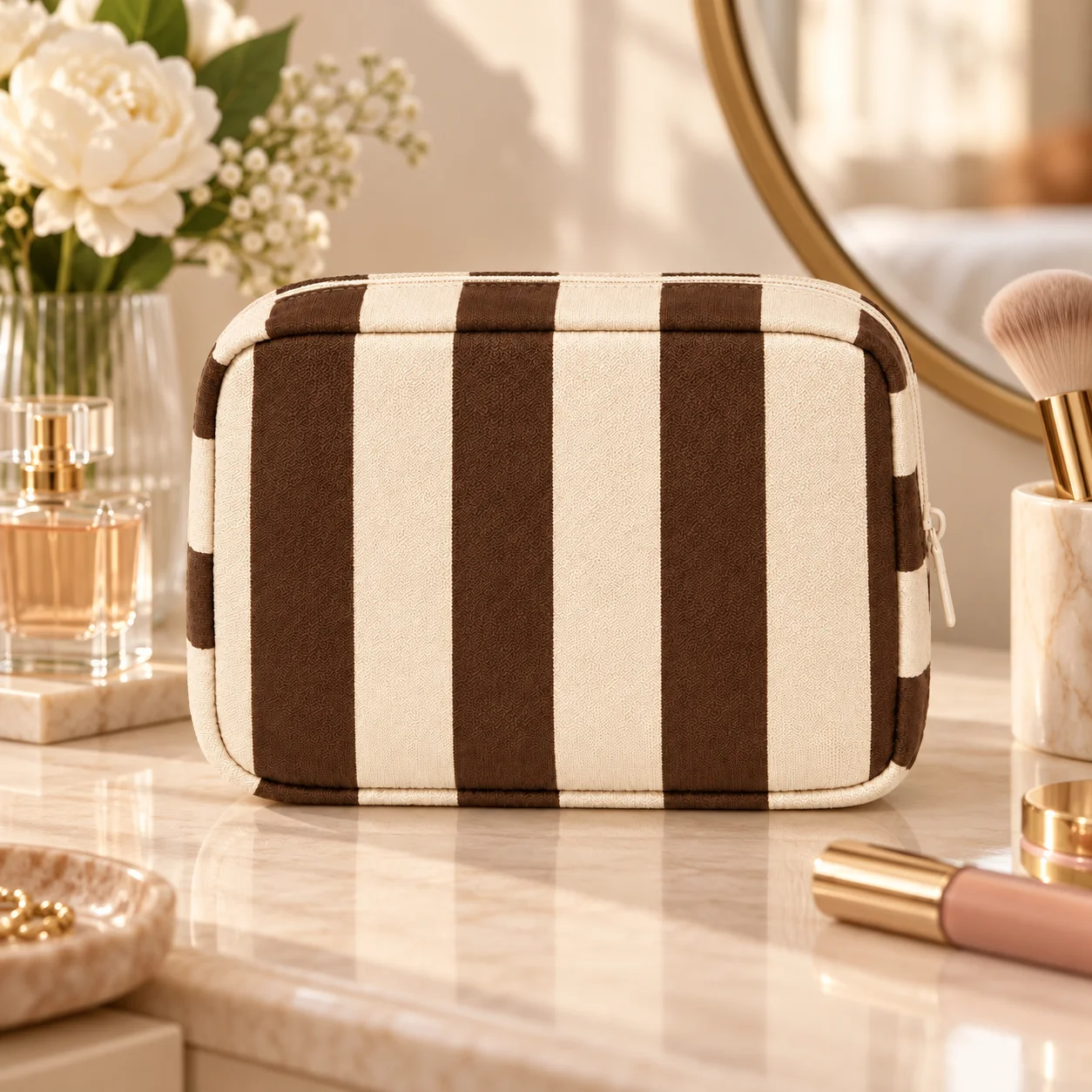 Striped Makeup Bag Retro Brown Cream Cosmetic Pouch Travel Beauty Organizer Toiletry Storage Case Zipper Makeup Pouch Women
