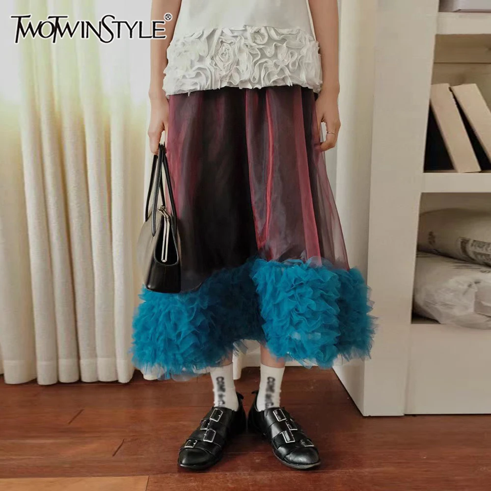 

TWOTWINSTYLE Hit Color Retro Spliced Mesh Skirt Female High Waist Loose Basics Streetwear Women's Skirts Fashion Summer Clothing