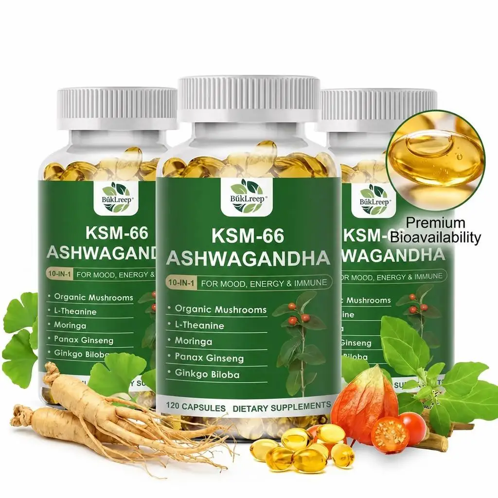 Ashwagandha Capsules with Organic Mushroom, Panax Ginseng, Ginkgo Biloba Support Mood, Energy, Immune and Help Sleep