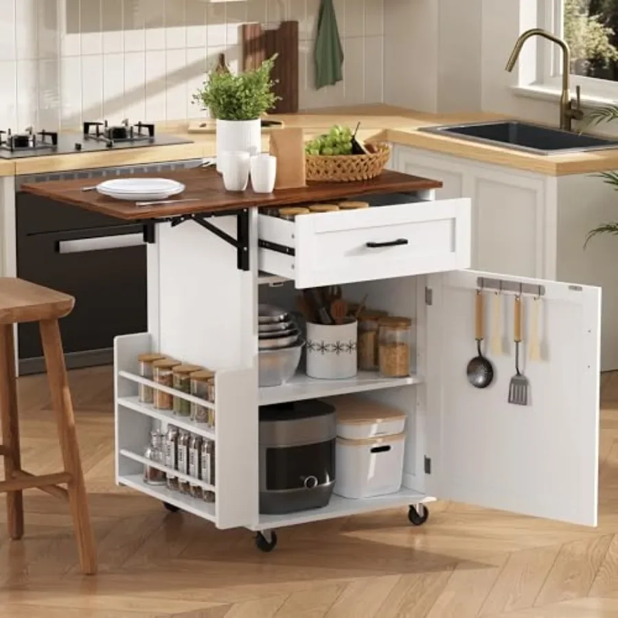 Farmhouse kitchen cart for small spaces: wood construction, white finish, drop-leaf design, side rack, one drawer, towel bar, l