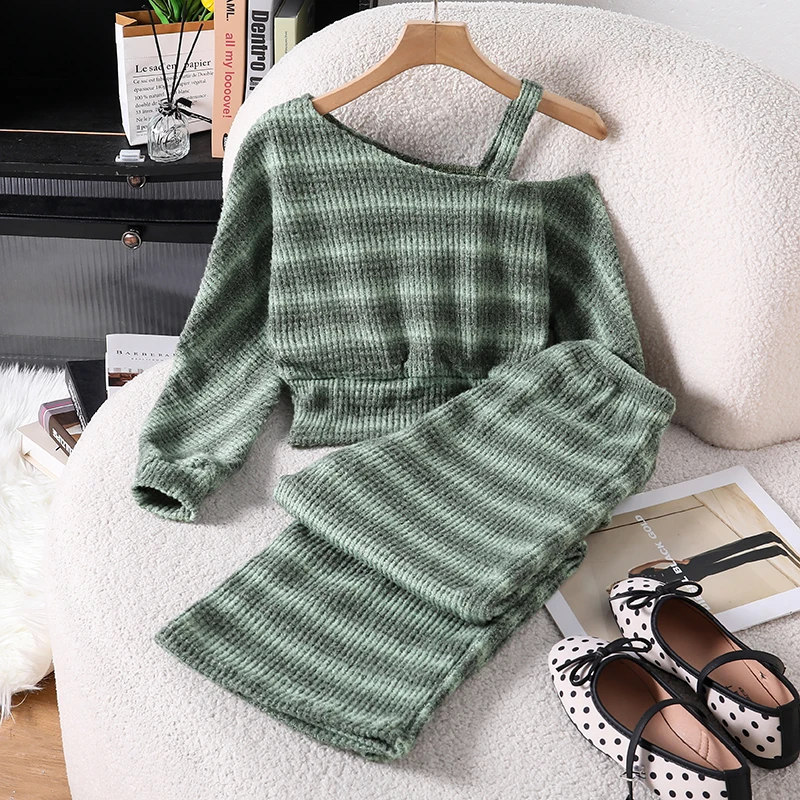 Girls 8‑12Y Fall Winter Casual Outfit Knit Ribbed One‑Shoulder Cropped Top Loose Wide‑Leg Trousers For Daily Wear