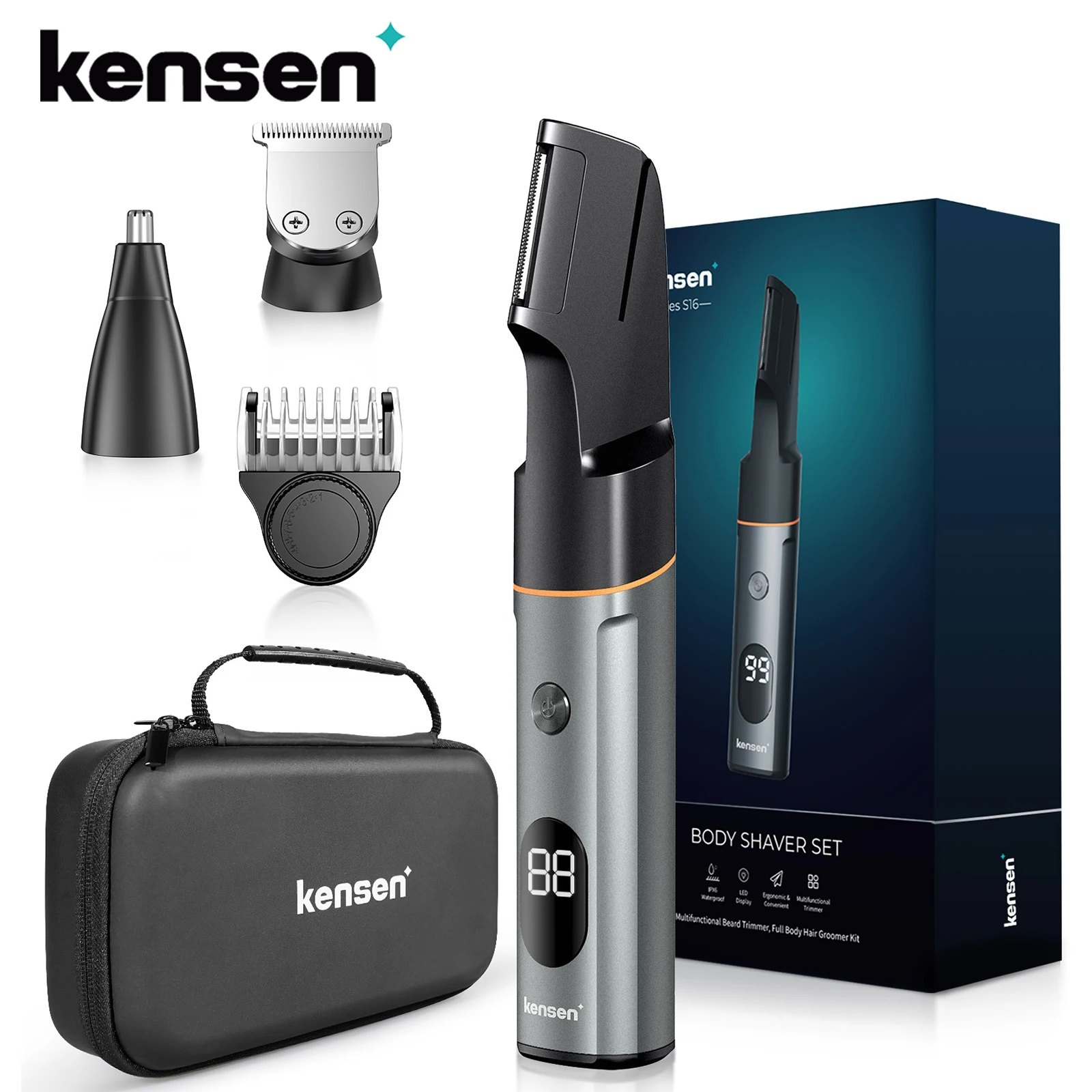 Kensen 3 in 1 Body Hair Trimmer Kit for Men Pubic Hair Shaver Nose Beard Trimmer IPX6 Waterproof Electric Shaver Hair Clippers