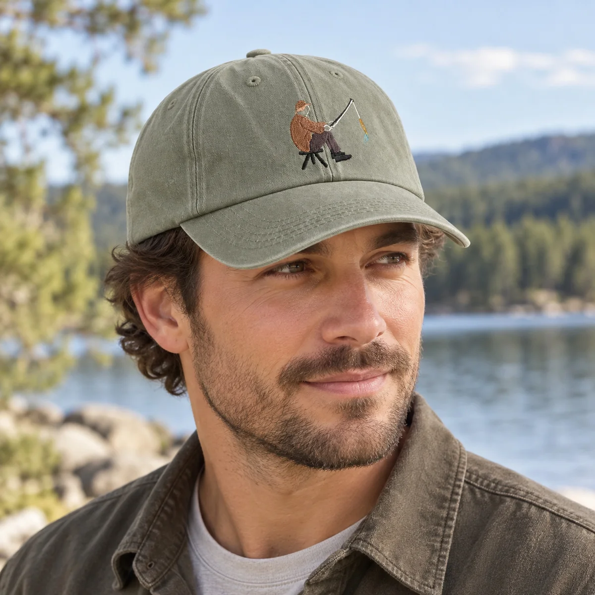 Unisex Seated Fisherman Embroidered Baseball Cap Curved Brim Six Panel Rounded Crown Adjustable Back Metal Buckle Graphic Hat