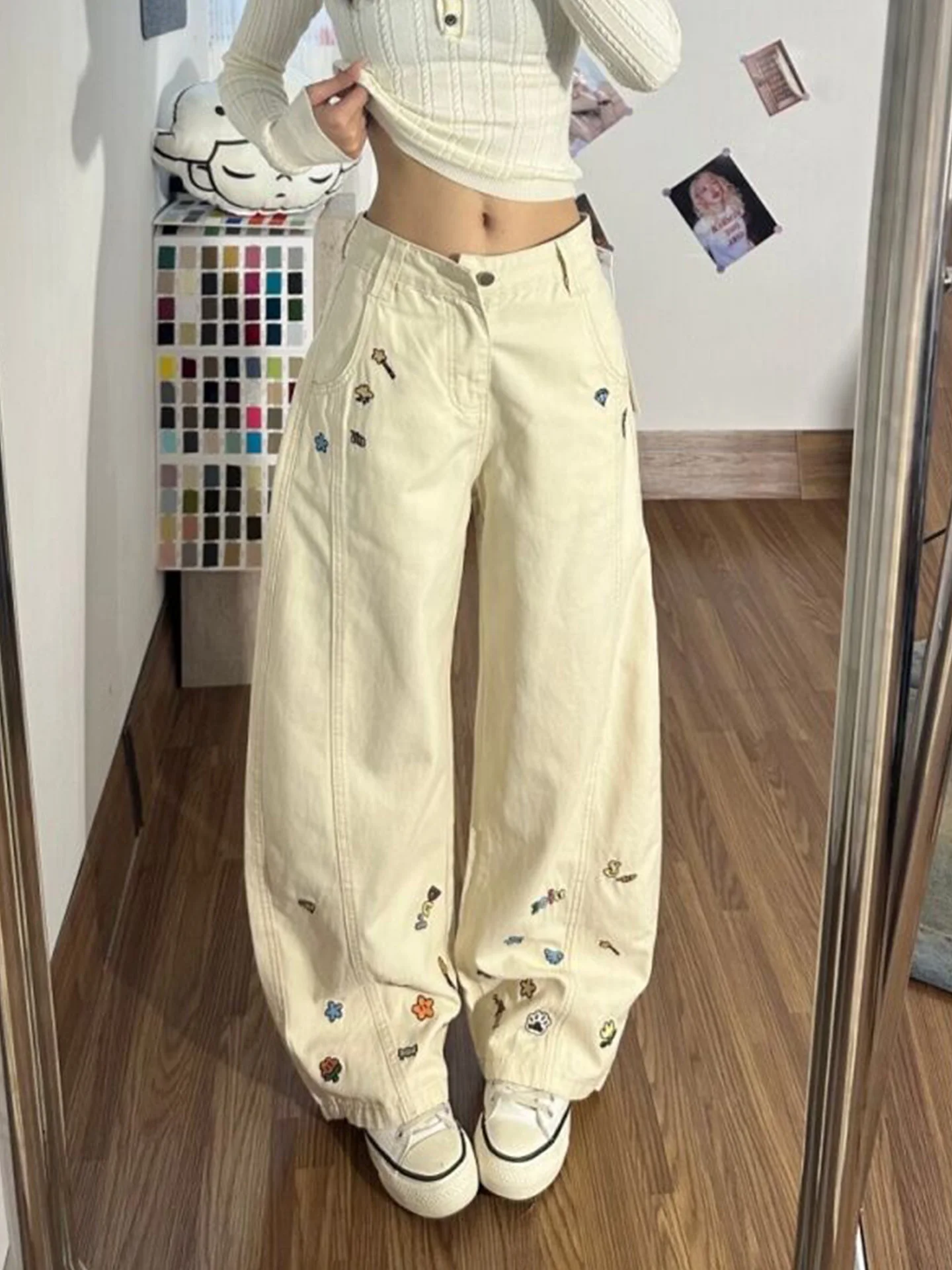 

American Style Retro High Street Embroidered Apricot Denim Pants Women Summer New High Waist Wide Leg Slimming Long Trousers