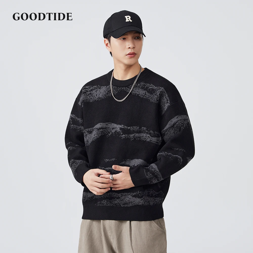 Fashion Men's Casual Landscape Pattern Sweater Autumn Winter Crew Neck Knitted Pullover Comfortable Soft Long Sleeve Jumper Top