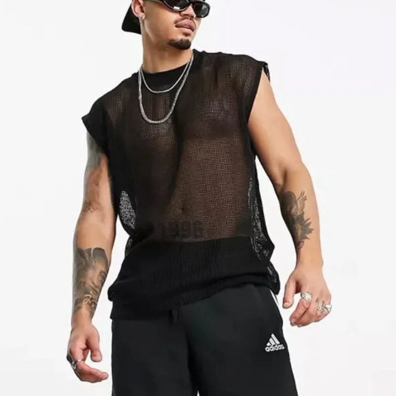 Fashion Men's Hollow Loose T-Shirts Black Male Sports Perspective Tank Top Casual Sexy Vest Tops Men Clothing Nightwear Clubwear