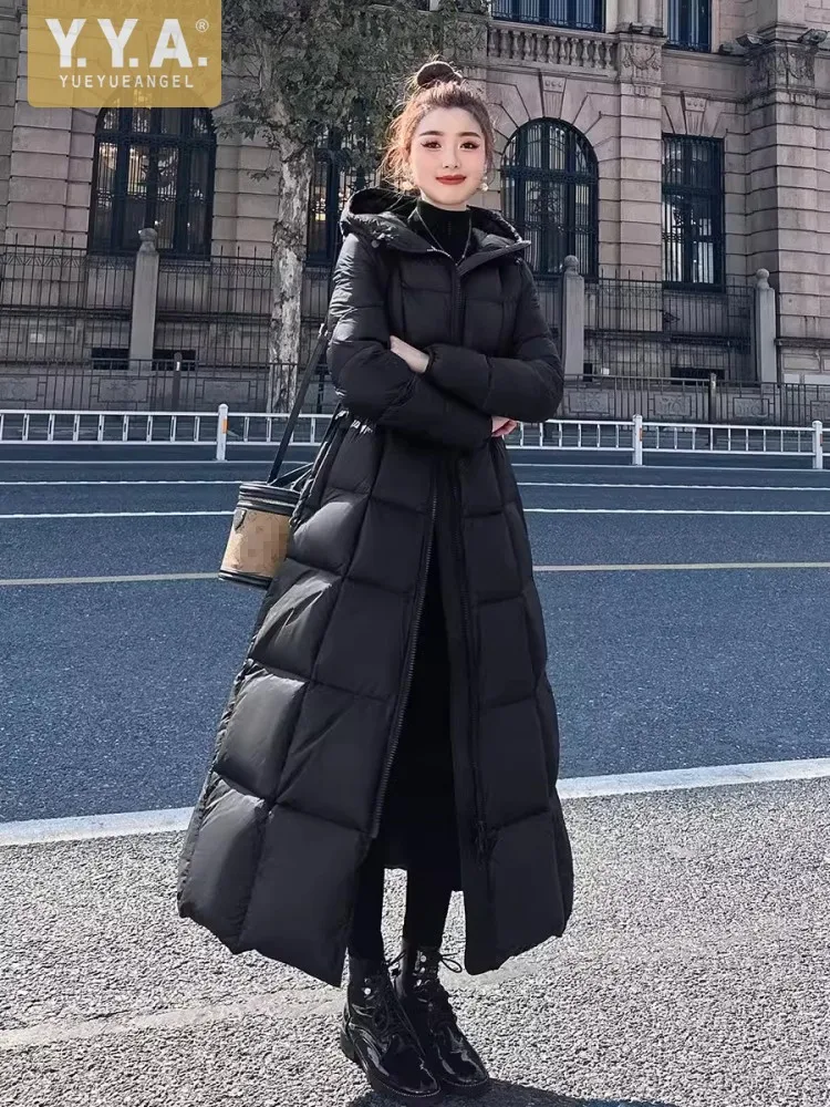 Chaqueta larga de invierno con plumón de pato blanco para mujer, cortavientos con capucha, abrigo ajustado con cintura gruesa y cálida para oficina, prendas de vestir para el trabajo